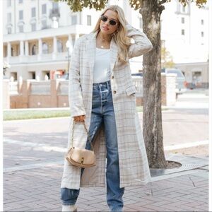 Pink Lily Plaid Long Coat - Cream and Gray